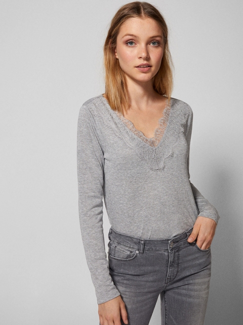 

Springfield Women Grey Lace Detailed Solid Top