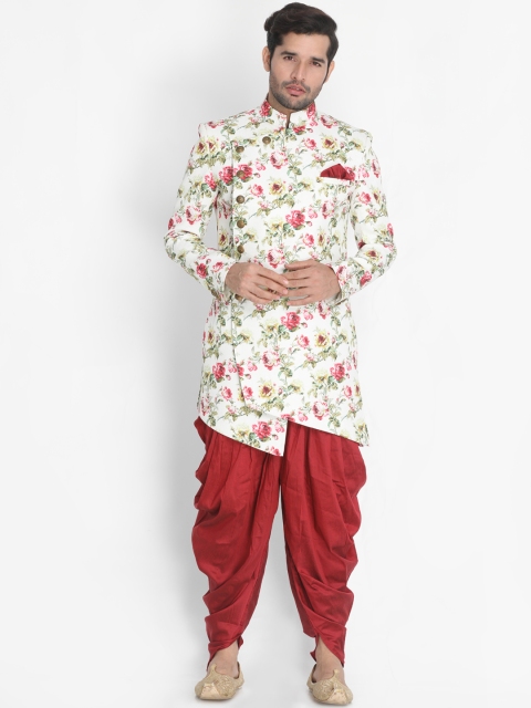 VASTRAMAY Men Cream-Coloured & Maroon Printed Sherwani With Dhoti Pants