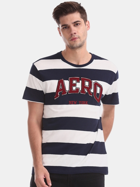 

Aeropostale Men Navy Blue Striped Round Neck Pure Cotton T-shirt