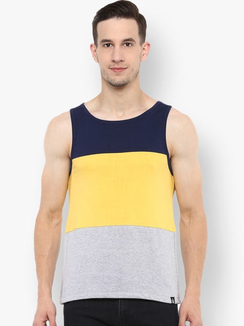 

Urbano Fashion Men Navy Blue & Yellow Colourblocked Scoop Neck T-shirt