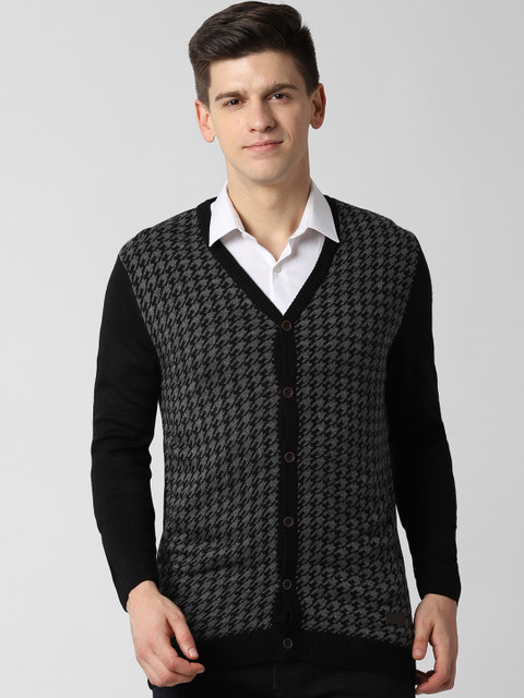 

Peter England Casuals Men Black Self Design Front-Open Sweater