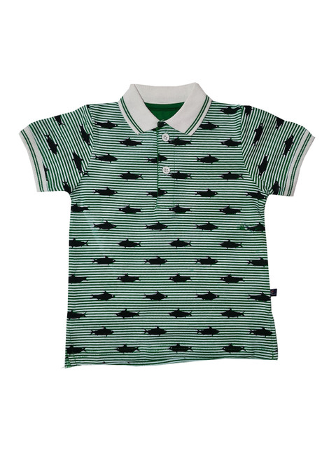 

KiddoPanti Boys Green & White Striped Polo Collar T-shirt