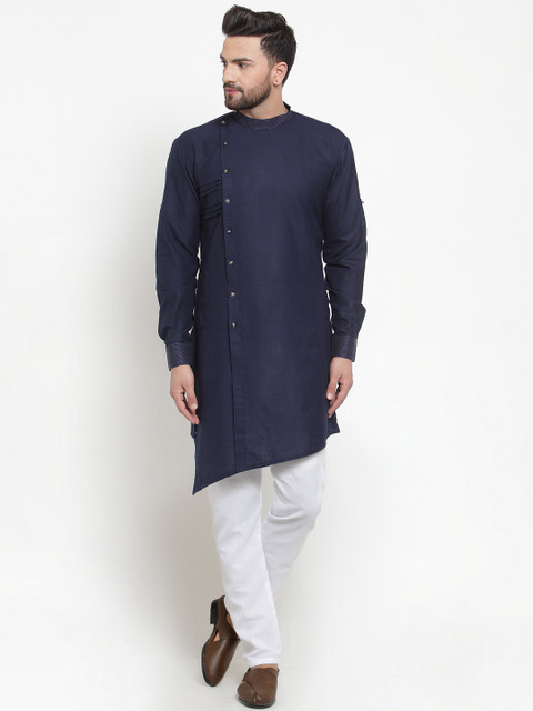 

TREEMODA Men Navy Blue & White Solid Linen Kurta with Pyjamas
