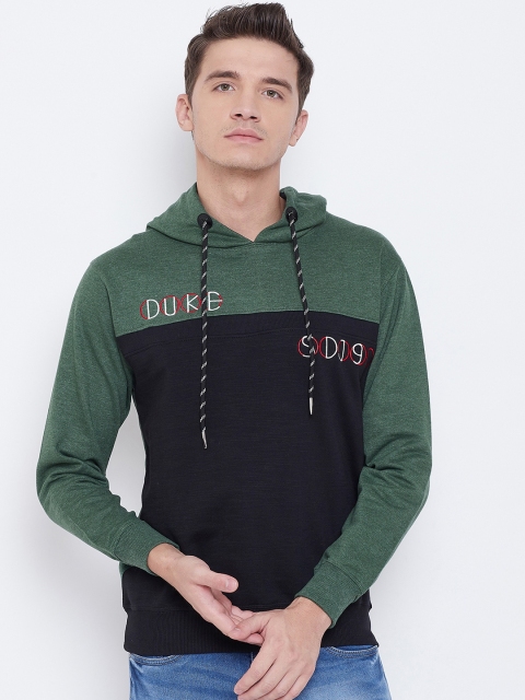 

Duke Men Green & Navy Blue Colourblocked Hooded Sweatshirt
