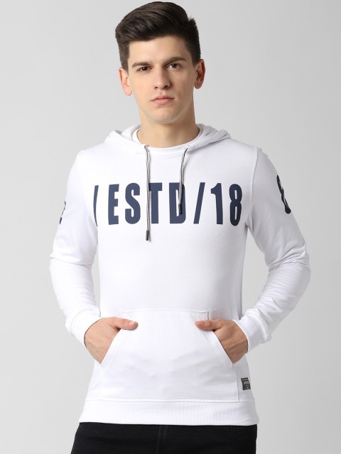 

Peter England Casuals Men White & Blue Printed Hooded Pullover Sweatshirt