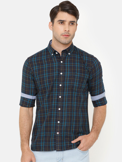 

Bar Harbour Men Navy Blue & Teal Blue Checked Slim Fit Casual Shirt