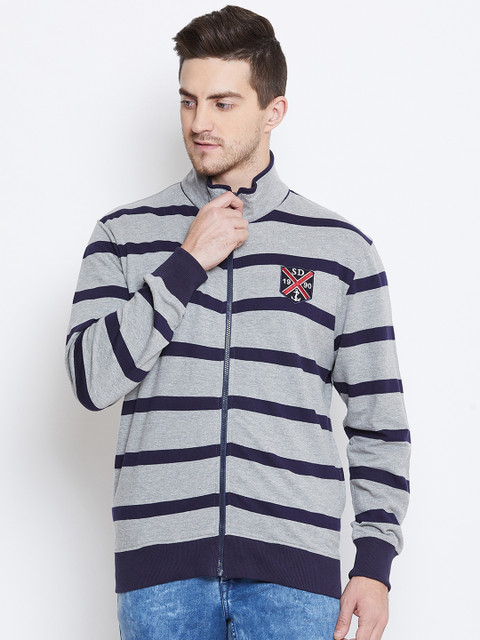 

Duke Men Grey & Navy Blue Striped Sweatshirt