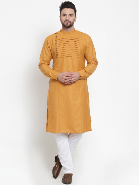 

TREEMODA Men Mustard Yellow & White Solid Linen Kurta with Pyjamas