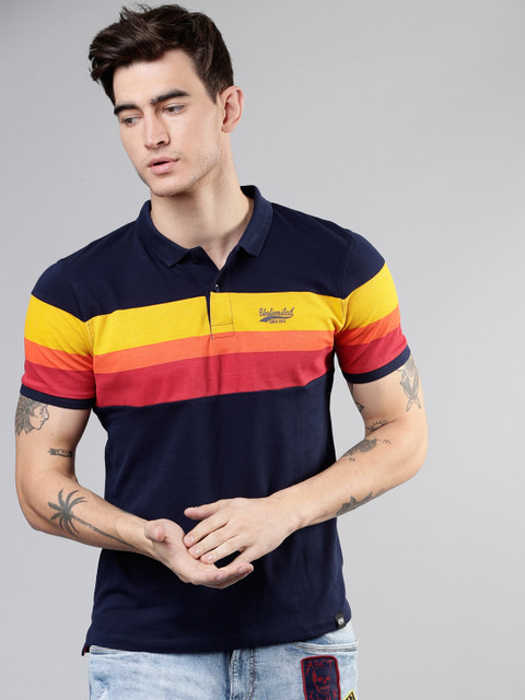 

Ecko Unltd Men Navy Blue Striped Polo Collar T-shirt