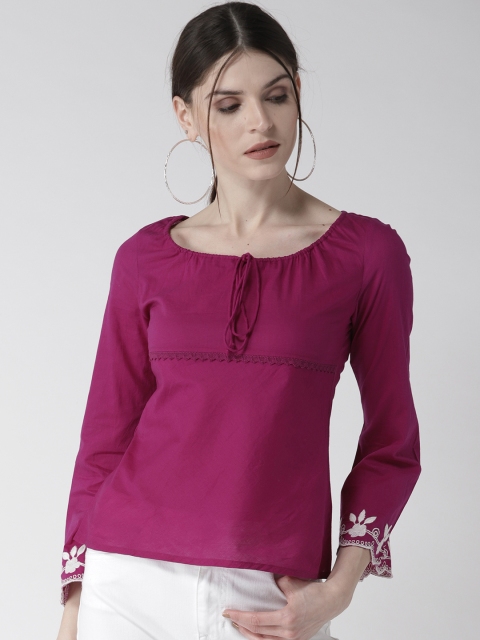 

QUIERO Women Fuchsia Pink Printed Pure Cotton Top