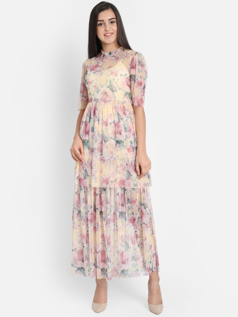 

COVER STORY Women Yellow & Pink Floral Printed Fit and Flare Dress