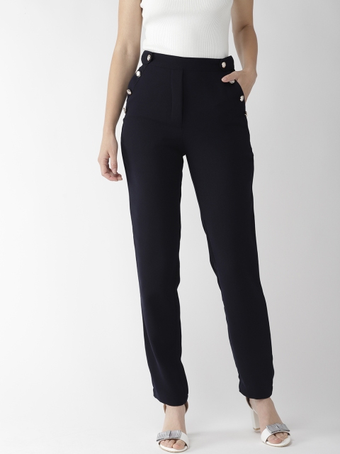

QUIERO Women Navy Blue Regular Fit Solid Embellished Cigarette Trousers