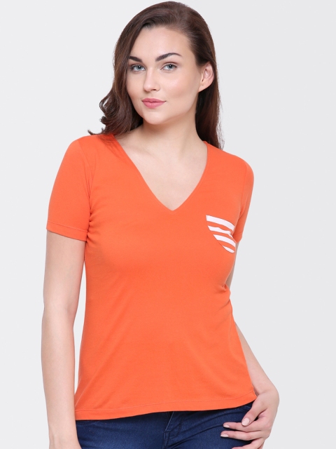 

Yaadleen Women Orange Solid V-Neck T-shirt