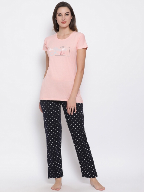 

Clovia Women Pink & Navy Blue Printed Night suit LS0478P223