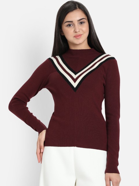 

COVER STORY Women Maroon Striped Pullover Sweater