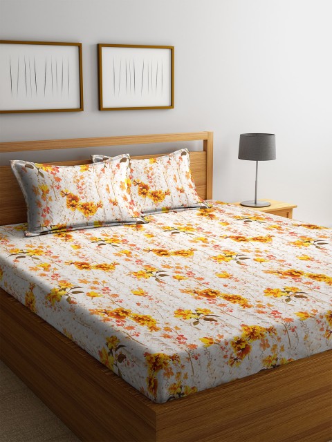 

BOMBAY DYEING Yellow & Beige Floral 160 TC Cotton 1 King Bedsheet with 2 Pillow Covers