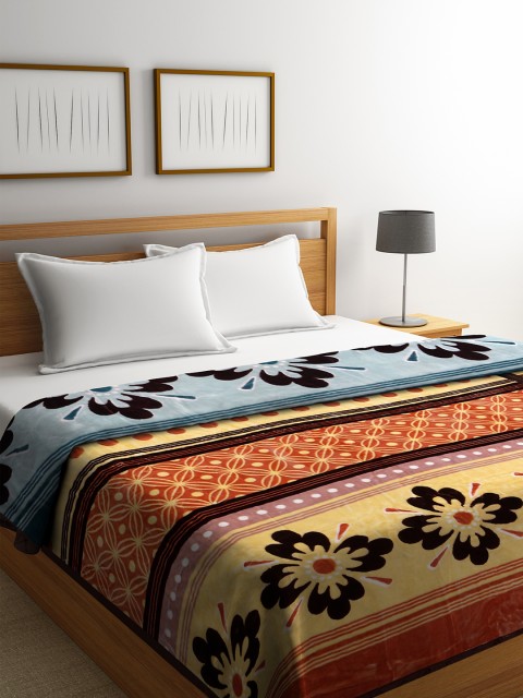 

BOMBAY DYEING Blue & Mustard Yellow Floral Heavy Winter 1000 GSM Double Bed Blanket