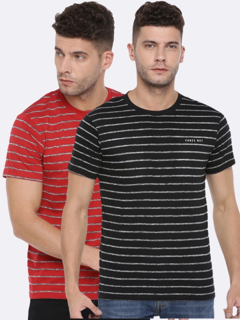 Force NXT Men Pack of 2 Striped Round Neck T-shirt, Black