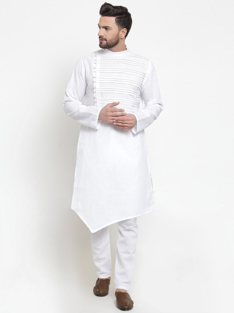 

TREEMODA Men White Solid Linen Kurta with Pyjamas