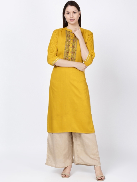 

Soch Women Mustard Yellow Embroidered Straight Kurta