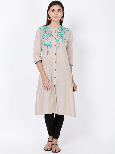 

Soch Women Beige & Turquoise Blue Floral Embroidered A-Line Kurta