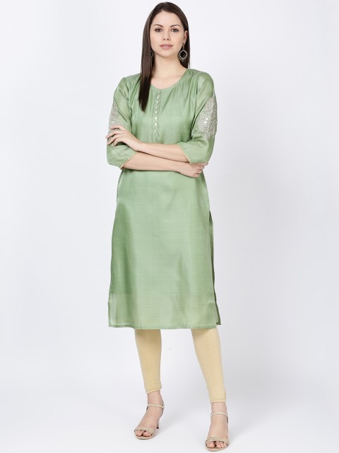 

Soch Women Mint Green Embroidered Poly-Silk Straight Kurta