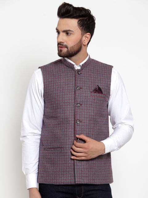 

NEUDIS Men Grey & Red Checked Pure Wool Nehru Jacket