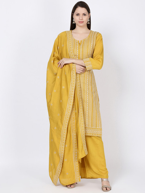 

Soch Women Yellow Embroidered Kurta with Palazzos & Dupatta