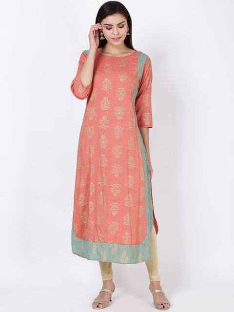 

Soch Women Blue & Peach-Coloured Block Printed A-line Kurta