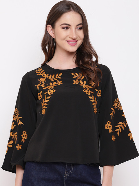 

Mayra Women Black Embroidered A-Line Top