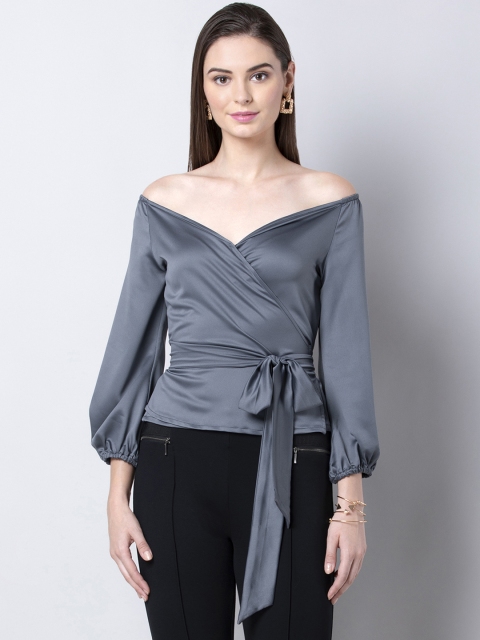 

FabAlley Women Grey Solid Wrap Top