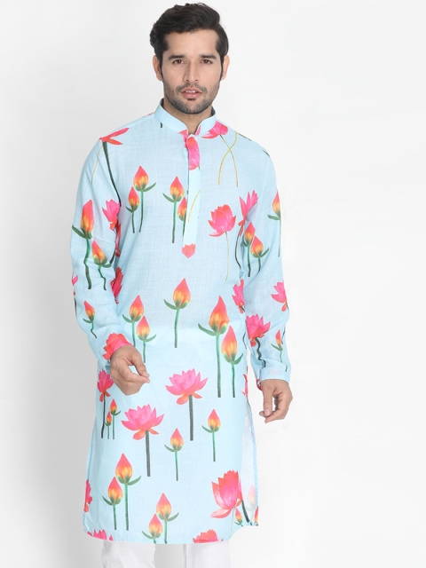 

VASTRAMAY Men Blue & Pink Floral Printed Straight Kurta