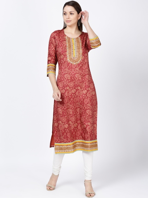 

Soch Women Red & Cream-Coloured Printed Straight Silk Kurta, Maroon