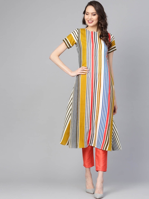 

Indo Era Women Mustard Yellow & Green Striped A-Line Kurta