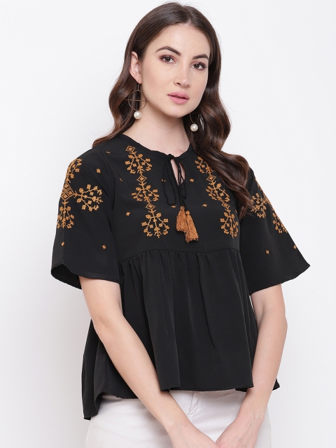 

Mayra Women Black & Mustard Yellow Embroidered A-Line Top
