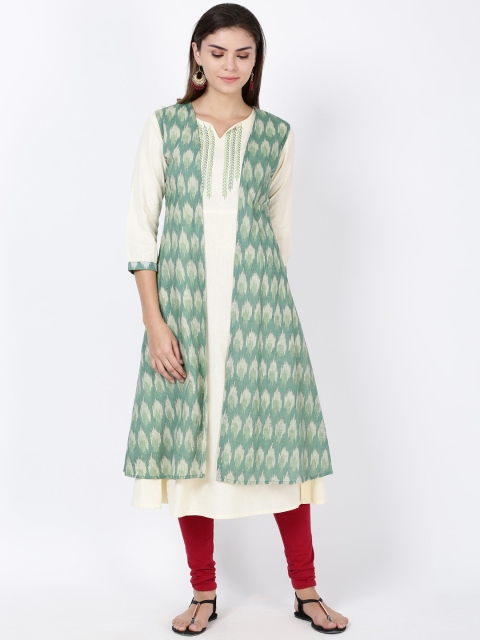 

Soch Women Green & Cream-Coloured Embroidered A-Line Kurta with a Shrug