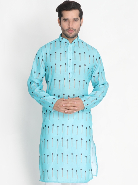 

VASTRAMAY Men Turquoise Blue Matchsticks Printed Straight Kurta