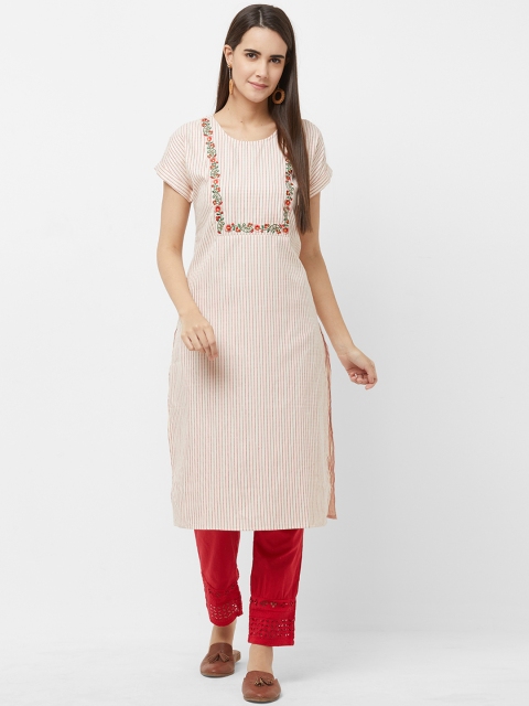 

Fusion Beats Women Red & Off-White Striped Straight Kurta
