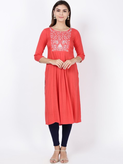 

Soch Women Coral & White Embroidered Straight Kurta