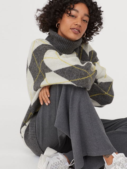 

H&M Women Grey Jacquard-Knit Polo-Neck Jumper