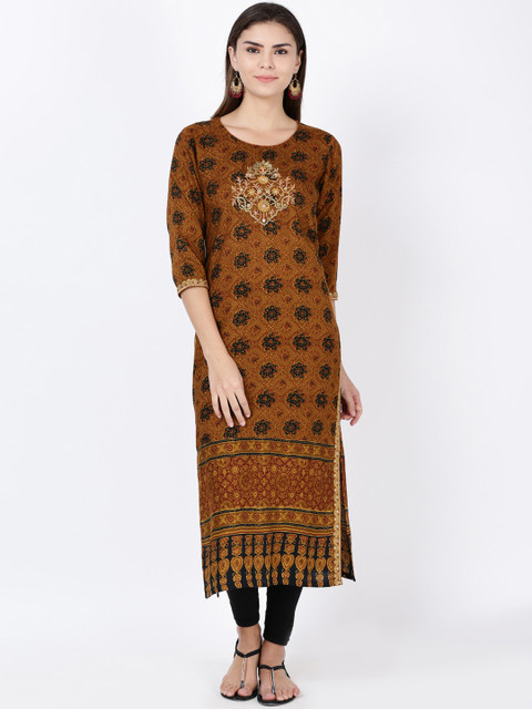 

Soch Women Brown & Black Embroidered Straight Kurta