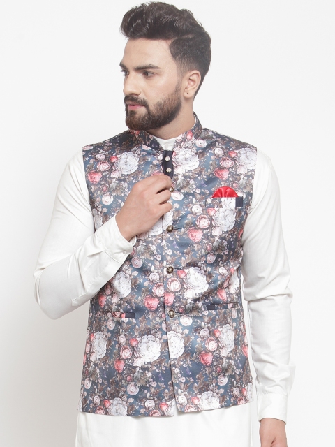 

Purple State Men Blue Printed Slim-Fit Linen Nehru Jacket