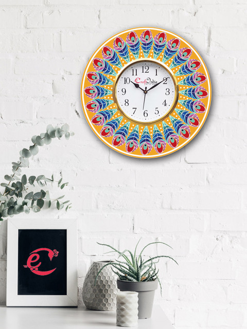 

eCraftIndia White & Yellow Handcrafted Round Printed 30 cm Analogue Wall Clock
