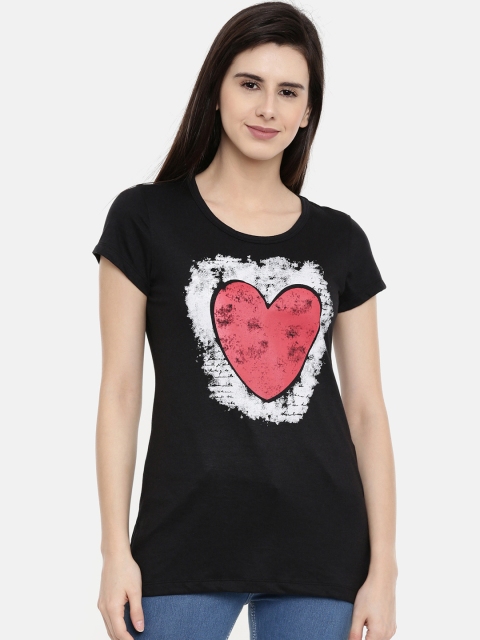 

Bitz Women Black & Pink Printed Round Neck Longline T-shirt