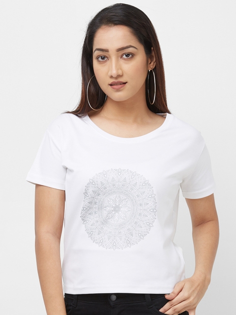 

Imagica Women White & Grey Printed Round Neck T-shirt