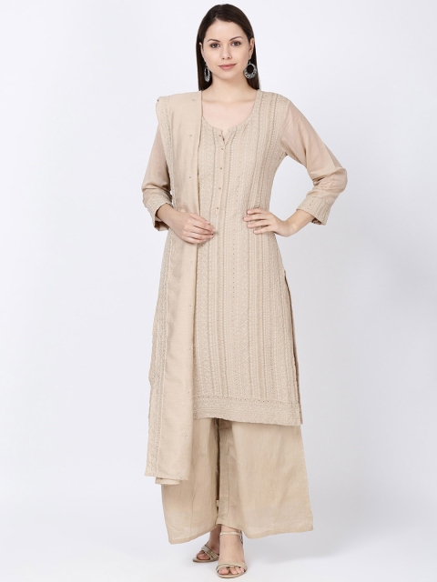 

Soch Women Beige Embroidered Kurta with Palazzos & Dupatta