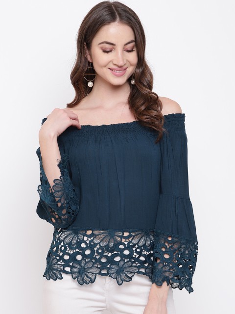 

Mayra Women Teal Blue Self Design Bardot Top