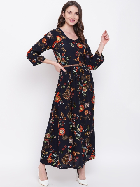 

Mayra Women Navy Blue Floral Printed Fit and Flare Dress