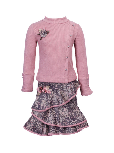 

CUTECUMBER Girls Pink & Grey Solid Top with Skirt