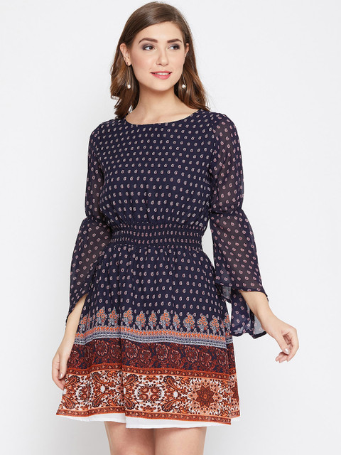 

AASK Women Navy Blue Printed Blouson Dress